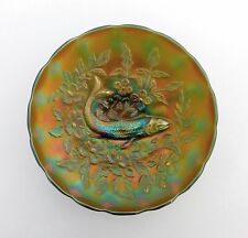 MILLERSBURG GREEN CARNIVAL GLASS 8 1/2" ICE CREAM TROUT AND FLY BOWL