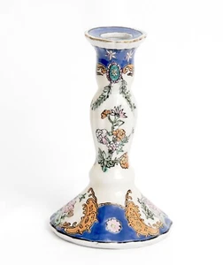 Porcelain Candle Holder Hand Painted Floral Etched Cobalt Blue Border Gold Rim - Imagen 1 de 6
