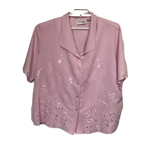 Joanna Plus Womans 1X Pink Embroidered Short Sleeve Button Front Blouse - Picture 1 of 5