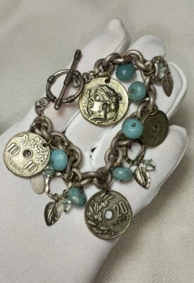 Vintage Liz Palacios Silver Tone Blue Stone Coin Charm Chain Bracelet - Image 1 of 4