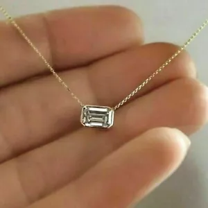 1CT Emerald Cut IGI EFVS Lab Grown Diamond 14K Yellow Gold Solitaire 18" Chain - Picture 1 of 14