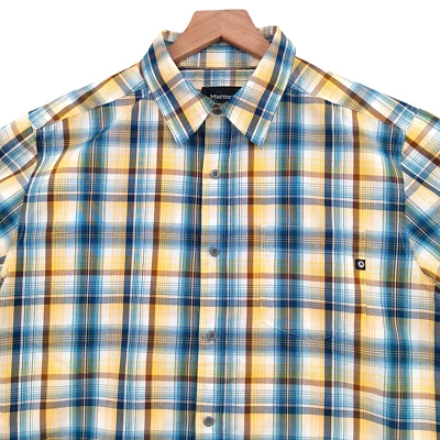 Marmot Shirt Mens Medium Blue Yellow Plaid Lightweight Pocket Short Sleeve 44" - Imagem 1 de 4