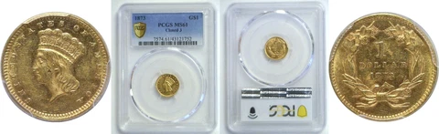 1873 $1 Gold Coin PCGS MS-61 Closed 3 Cover
