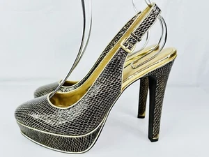 Levity sz. 8 Women's Shoes High Heels Wedges Sling Back Snake Brown Gold Leather - Picture 1 of 5