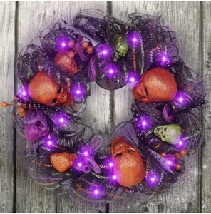 DR.DUDU 17 Inch Halloween Wreath with Glittery Skeleton, Front Door Pre-lit Purp - Picture 1 of 7