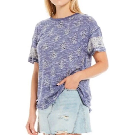 People Womens Maybelle Navy Printed Sheer Tee Top Shirt M BHFO 4241