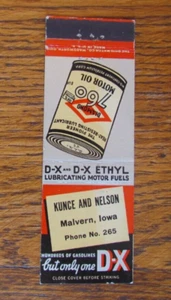 KUNCE & NELSON D-X GASOLINERA MATCHBOOK CUBIERTA: MALVERN, IOWA 1947 MATCHCOVER B7 - Imagen 1 de 3