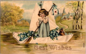 Postal BEST WISHES Young Girl Velero Espalda Dividida Matasellado 1907 - Imagen 1 de 2