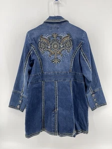 Chaqueta de mezclilla azul larga con estrás adornada de terciopelo medianoche para mujer talla grande - Imagen 1 de 10