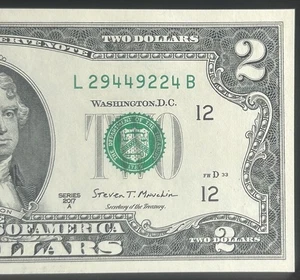 (TRINARY!) $2 UNC Trinary Fancy Serial Number L29449224B Series 2017A - Picture 1 of 3