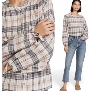 Blusa campesina Faherty Everleigh para mujer S manga corbata boho pradera crema a cuadros - Imagen 1 de 11