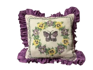 Janlynn Complete Pansy And Butterfly Needlepoint Pillow Botanical Purple Ruffle - Picture 1 of 7