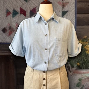Vintage 90s does 40s Workwear Chambray Western Pocket Button Up Blouse Size L - Picture 1 of 17