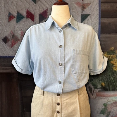 Vintage 90s does 40s Workwear Chambray Western Pocket Button Up Blouse Size L - Image 1 of 4