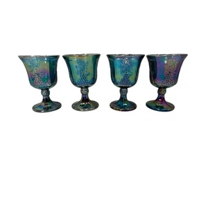 Vintage Indiana Carnival Glas Kelche irisierend blau Ernte Traube 4er Set - Bild 1 von 17