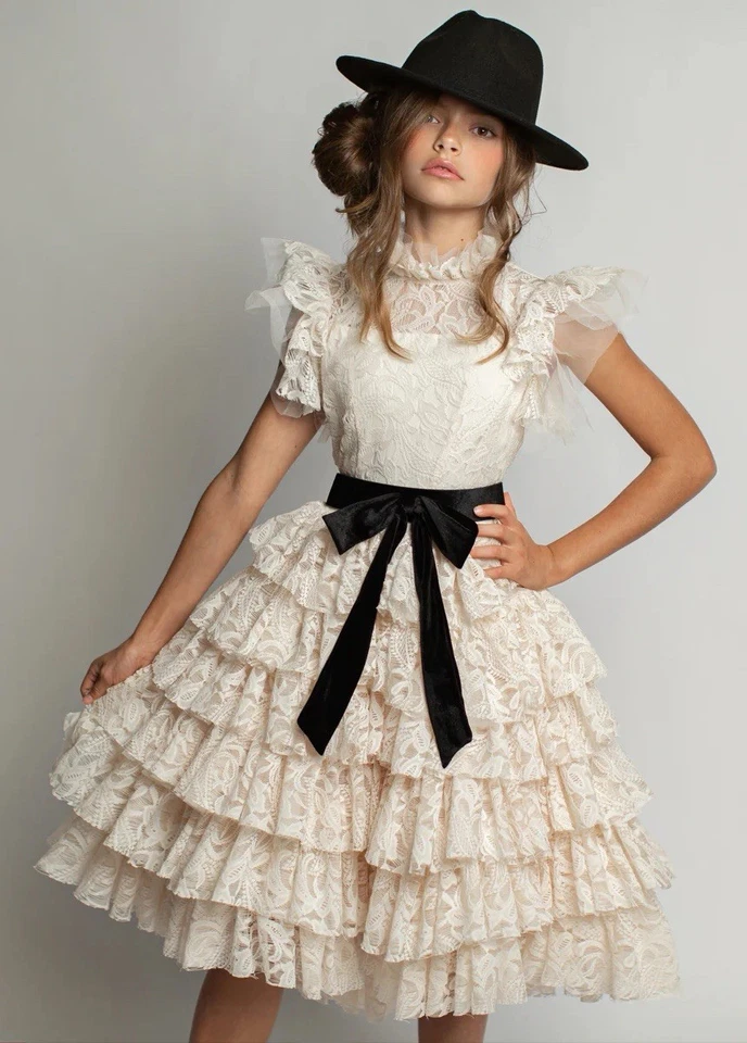 NWT Joyfolie  ANOUK Petticoat Girls Dress Ivory Tiered Tulle Lace Sz 8 Party - Image 1 of 4