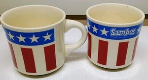 Vintage Sambos Restaurant Tasse 70er rot weiß blau Sterne Flagge Kaffeetasse 2er Set - Bild 1 von 1