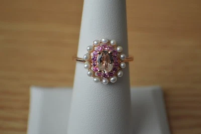 Anillo de morganita/multipiedras preciosas de 1,00 quilates de oro rosa de 18 quilates sobre plata de ley talla 7 Foto 1 de 4