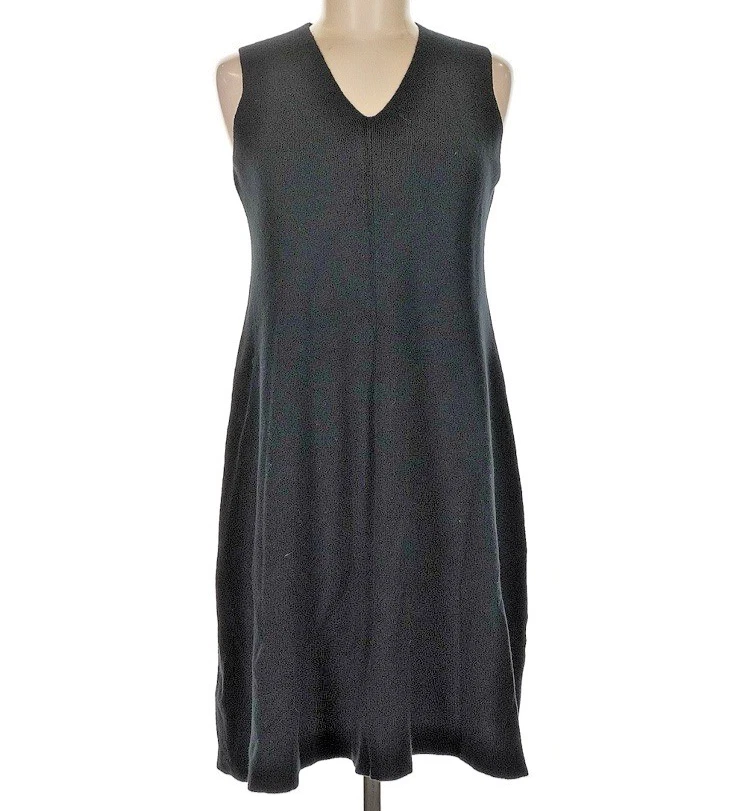 Clásico Elegante Vestido Túnica Eileen Fisher Cuello en V Mezcla de Lana Italiana en Negro PMed Foto 1 de 4