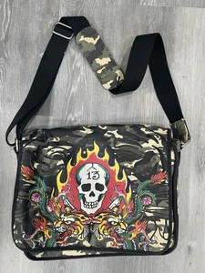 Vintage Ed Hardy Messenger Computertasche Herren Unisex Camouflage Totenkopf Flamme Y2K - Bild 1 von 20
