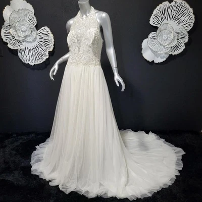 NWT~$1750~SOPHIA TOLLI~10/12~IVORY BEADED LACE FIT & FLARE HALTER WEDDING DRESS - Image 1 of 4