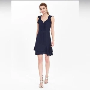 Banana Republic Navy Ruffle V-Neck Sleeveless Tiered Dress Size 2 Polyester Wome - Picture 1 of 10