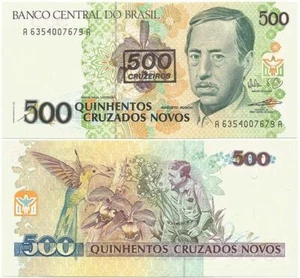 1990 BRAZIL Crisp Pristine PROVISIONAL "500 CRUZEIROS" Note on 500 CRUZADOS NOVO - Picture 1 of 3