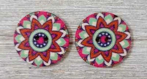 boho wood flowers buttons sewing 2 holes 1 inch red yellow #1112 2pc - Picture 1 of 2
