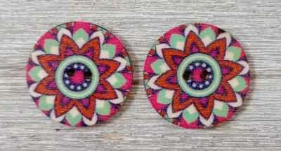 boho wood flowers buttons sewing 2 holes 1 inch red yellow #1112 2pc - Image 1 of 2