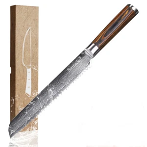 Coltello Pane 8 Pollici Coltello Seghettato Acciaio Damasco Affettare Torte Posate Cucina - Foto 1 di 8