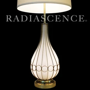 XL LIGHTCRAFT CAGED MURANO MILK GLASS BRASS TEARDROP SCULPTURE TABLE LAMP 1960'S - Picture 1 of 9