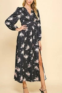 Pinch Women’s Black Satin Smoked Maxi Slit Floral Long Sleeve V Neck Dress Med - Picture 1 of 16