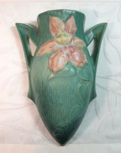 Roseville Keramik * Clematis Wandtasche * #1295-8 Zoll grün 1944 ANTIK - Bild 1 von 4