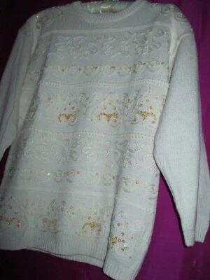 WHITE, L/S BEADED SWEATER, SZ. M., VICTORIA HARBOUR LABEL, NEW, ORNATE FRONT - Image 1 of 4