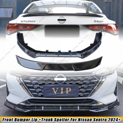 Gloss Black For Nissan Sentra 2024-2025 Sedan Front Lip + Rear Trunk Spoiler ABS — 第 1/4 张图片