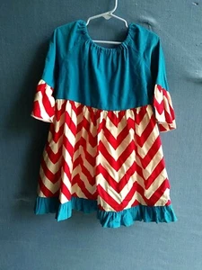 Lolly Wolly Girls Size 5 Blue Red Chevron Dress D2 - Picture 1 of 6
