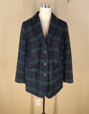 Talbots Plus 14W Navy Blue Dark Green Plaid Tartan Single Button Blazer Jacket - Image 1 of 4