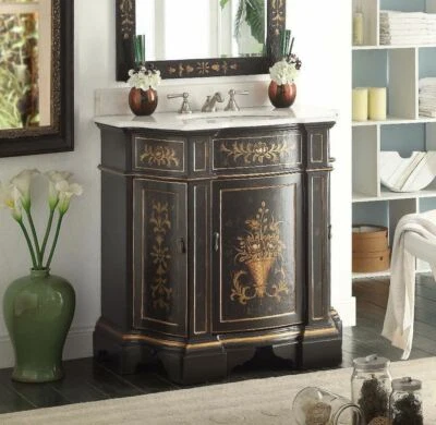 Mueble tocador de baño de madera Crossfield de 35 pulgadas con tapa de mármol blanco #HF090-B Foto 1 de 3