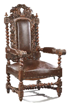Antique Armchair, French, Louis XIII Style, Carved Oak, Upholstered, 1800s!! - Image 1 of 4