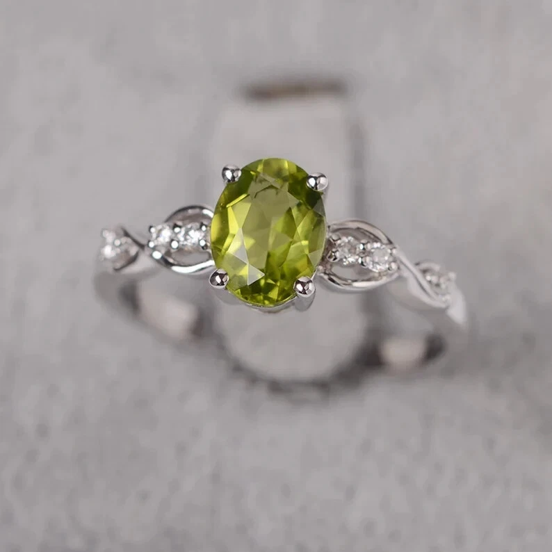 Peridot ring sterling silver engagement ring August birthstone oval cut ring - Image 1 of 3