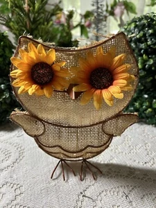 Handmade Burlap & Metal Owl Decor Very Unique 7”x6.5” - Picture 1 of 8