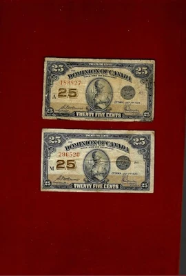 DOMINION OF CANADA 2 X 1923 25 CTS SHINPLASTERS M/S CIRCULATED PAIR - Image 1 of 2