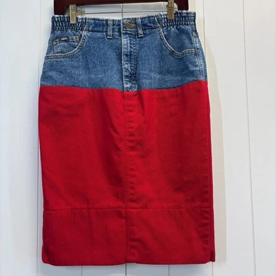 Upcycled Lee 女式学院风色块牛仔铅笔裙 M 码弹力时髦 — 第 1/4 张图片