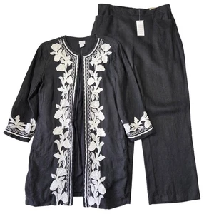 Chico's Linen Embroidered Top Pants Set 1 Tunic Floral Career Modest Feminine - Picture 1 of 9