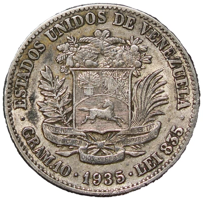 Venezuela 2 Bolivars 1935 Silver KM#23 #24764 - Image 1 of 4