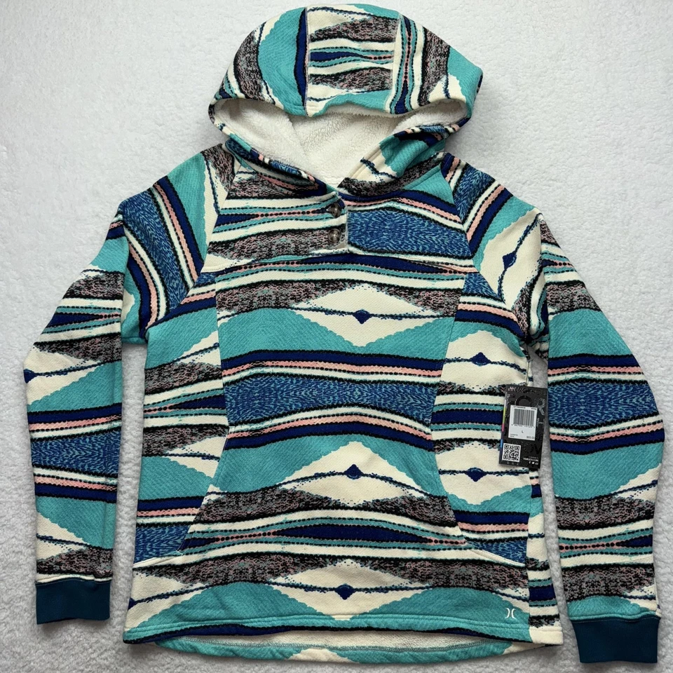 Sudadera Hurley Mujer Grande Verde Azulado Noche Otoño Sherpa Sudadera con Capucha Estampado Azteca Rayas Foto 1 de 4