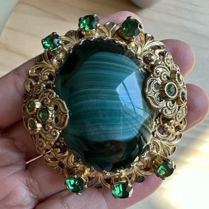 Vintage West Germany Brosche Anstecknadel 2,25" türkis gebändert Kunstglas filigran goldfarben verziert - Bild 1 von 11