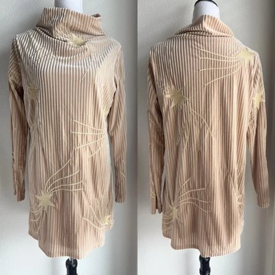 Judith March Tan Velvet Ribbed Star Embroidered Cowl Neck Tunic Dress S - Image 1 of 4