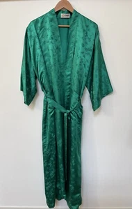 Vtg ESME 100% Silk Embossed Christmas Green Kimono Long Belted Bathrobe POCKETS! - Picture 1 of 13