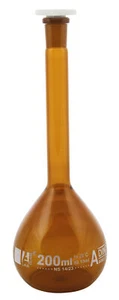 Eisco 200ml Amber Volumetric Flask with 14/23 Polypropylene Stopper, Class A - Picture 1 of 1